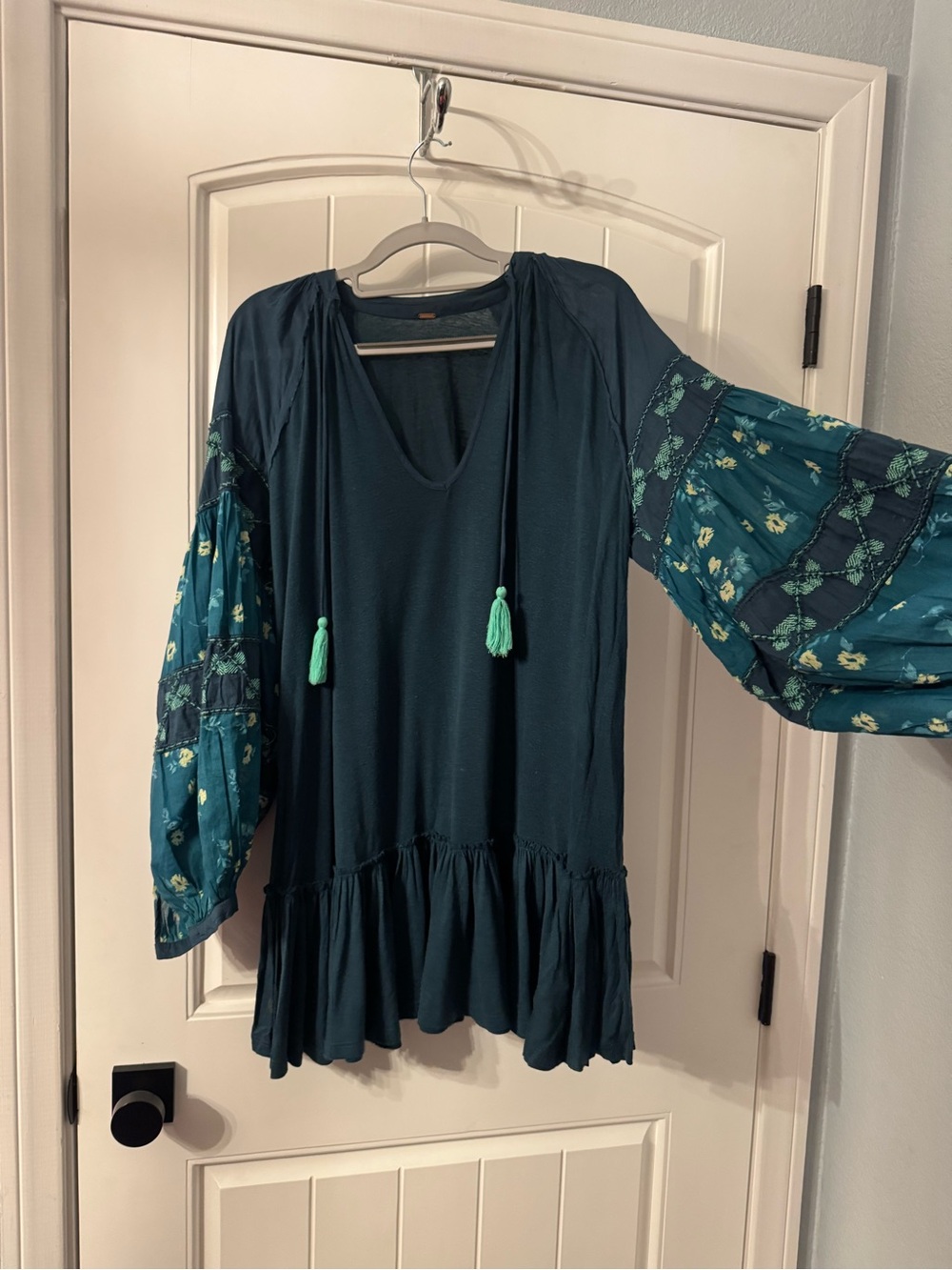 Free People Teal Peasant Tunic with Printed Balloon Sleeves